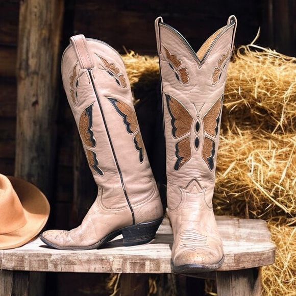 Women’s Size 7 M - 1960’s Tony Lama Cowboy Western Boots Butterfly Inlays - Picture 6 of 7
